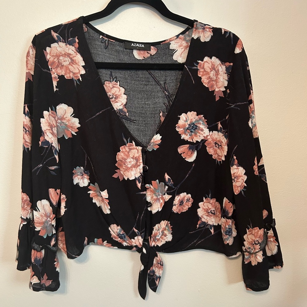 Floral Cottagecore Tie-Front Blouse - Pink and Black